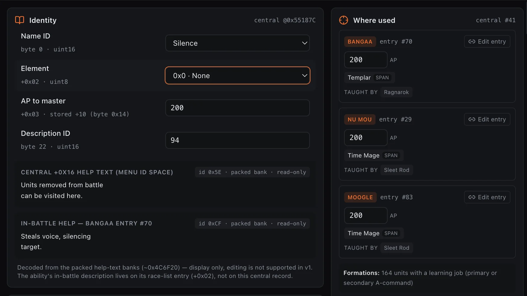 Ability editor: Core fields, AP, teaching items, usage references, and decoded text