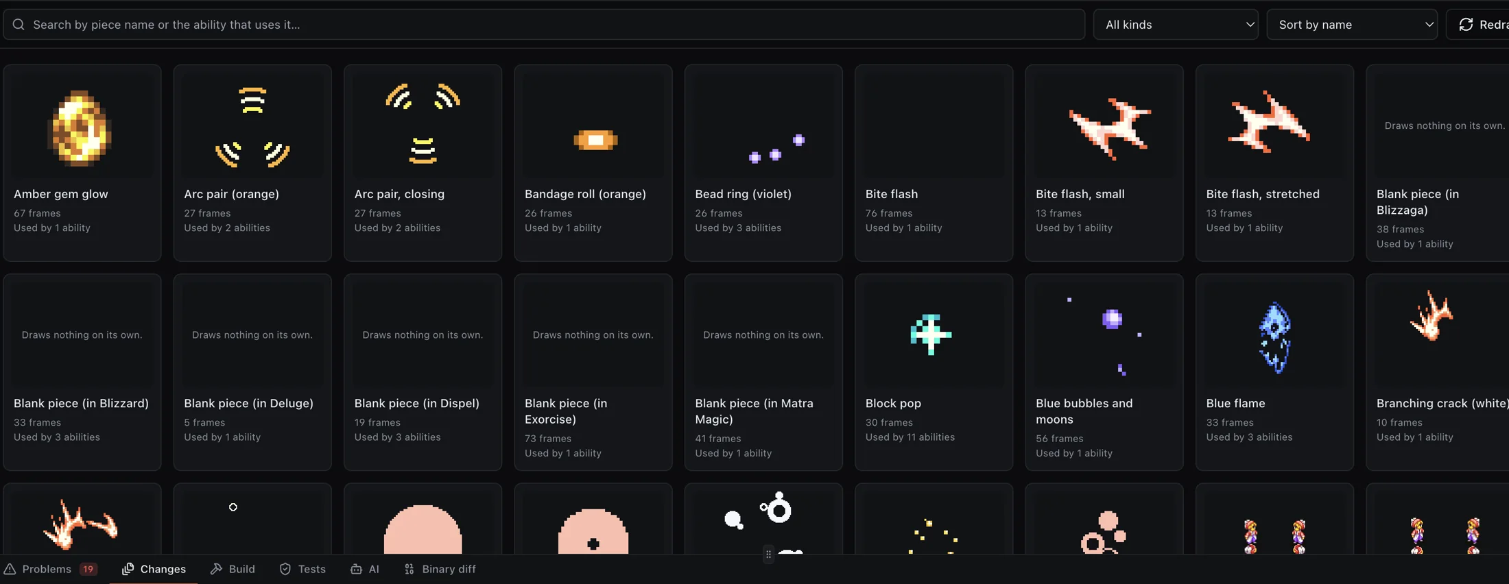 Effect-pieces library: 246 rendered pieces with filtering, frame counts, and usage