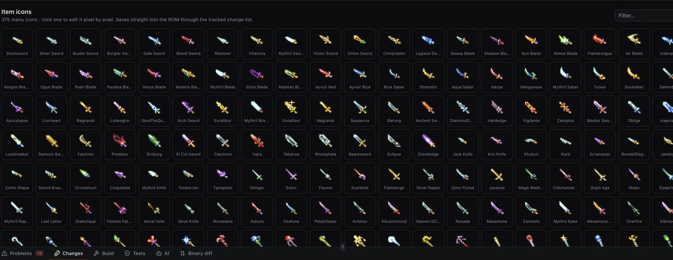 Item icon library: 375 indexed menu icons with in-project pixel editing