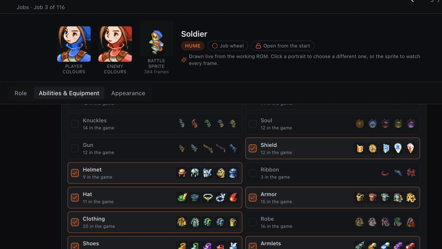 FFTA Studio job editor with Soldier properties, equipment permissions, and sprite preview