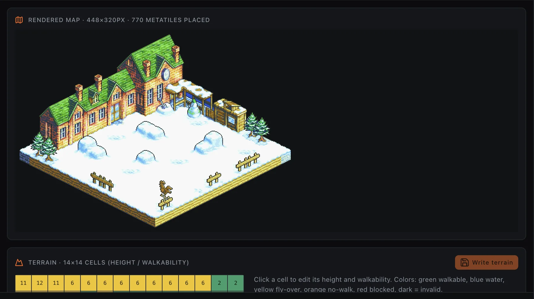 Map and terrain editor: Rendered map, height data, walkability, and terrain grid