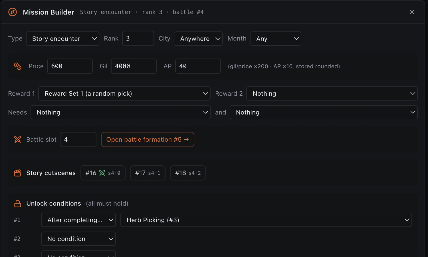 Mission builder: Rank, rewards, availability, unlocks, cutscenes, and linked battles