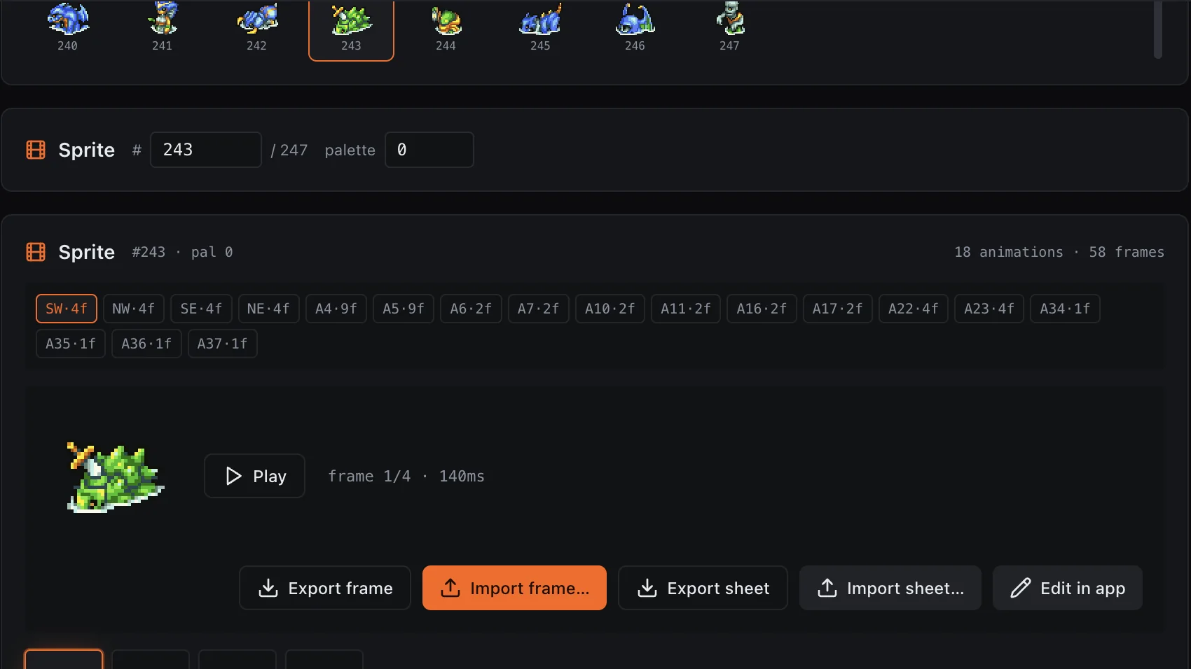 Sprite editor: Animation sets, palettes, playback, and frame or sheet exchange