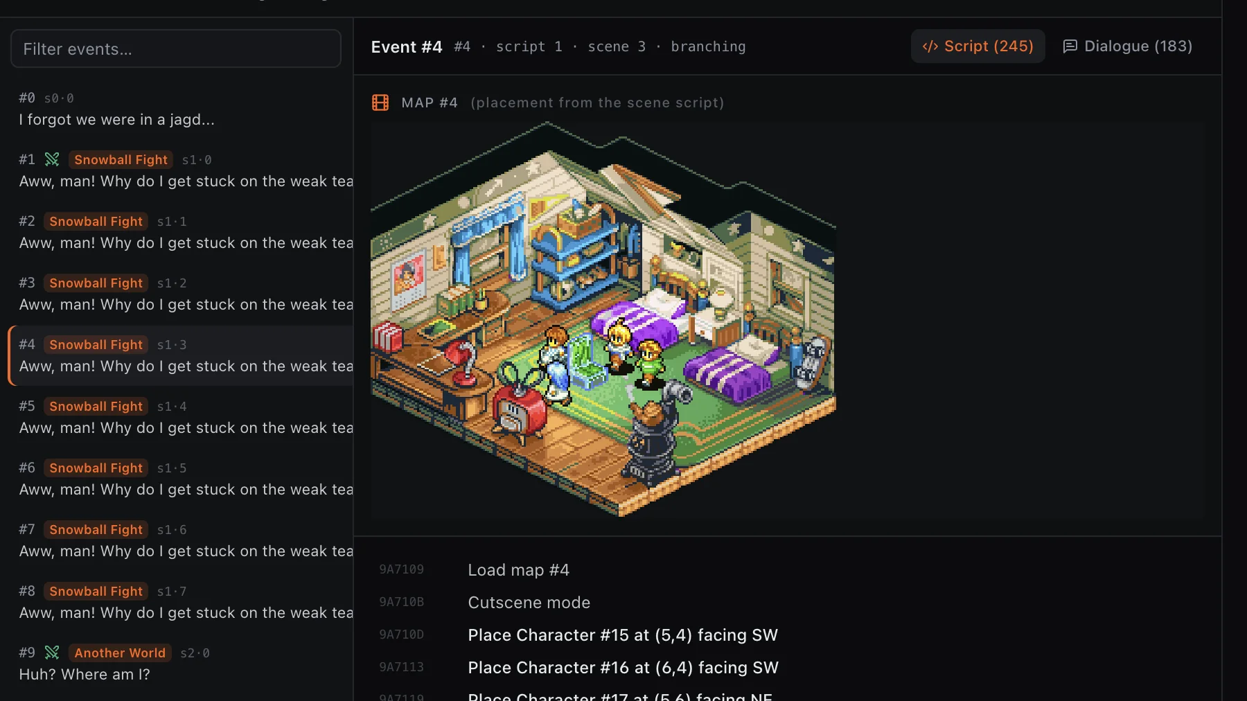 Story-event explorer: Stage rendering, dialogue, decoded instructions, and event search